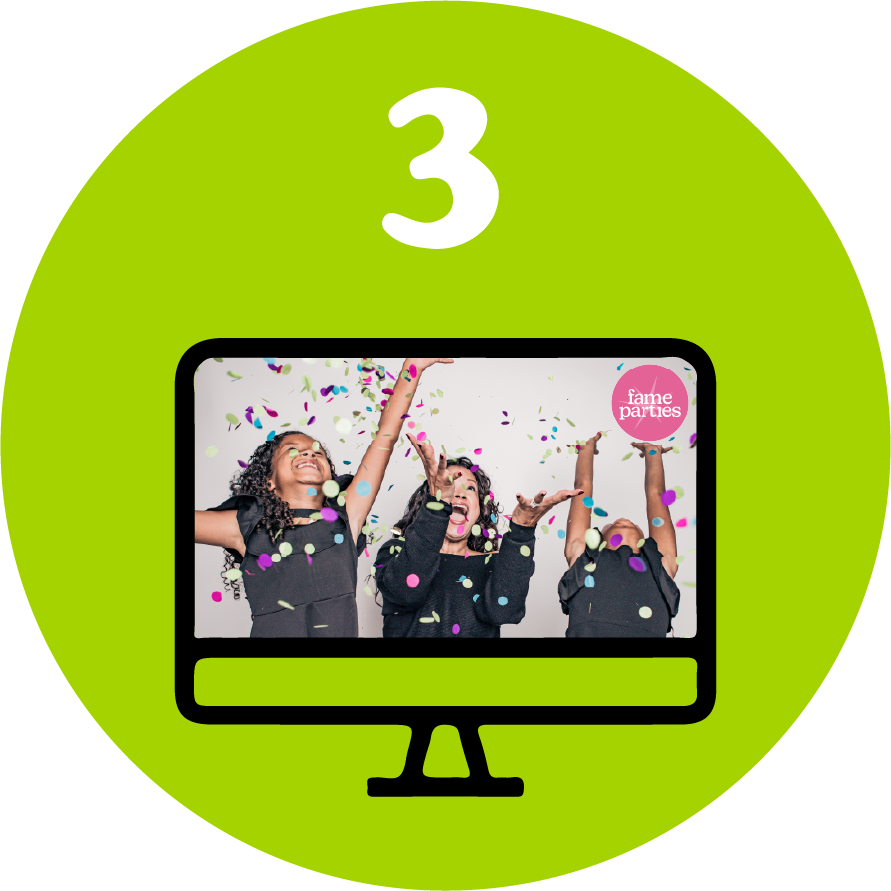 Three women celebrating with confetti in front of a computer screen.